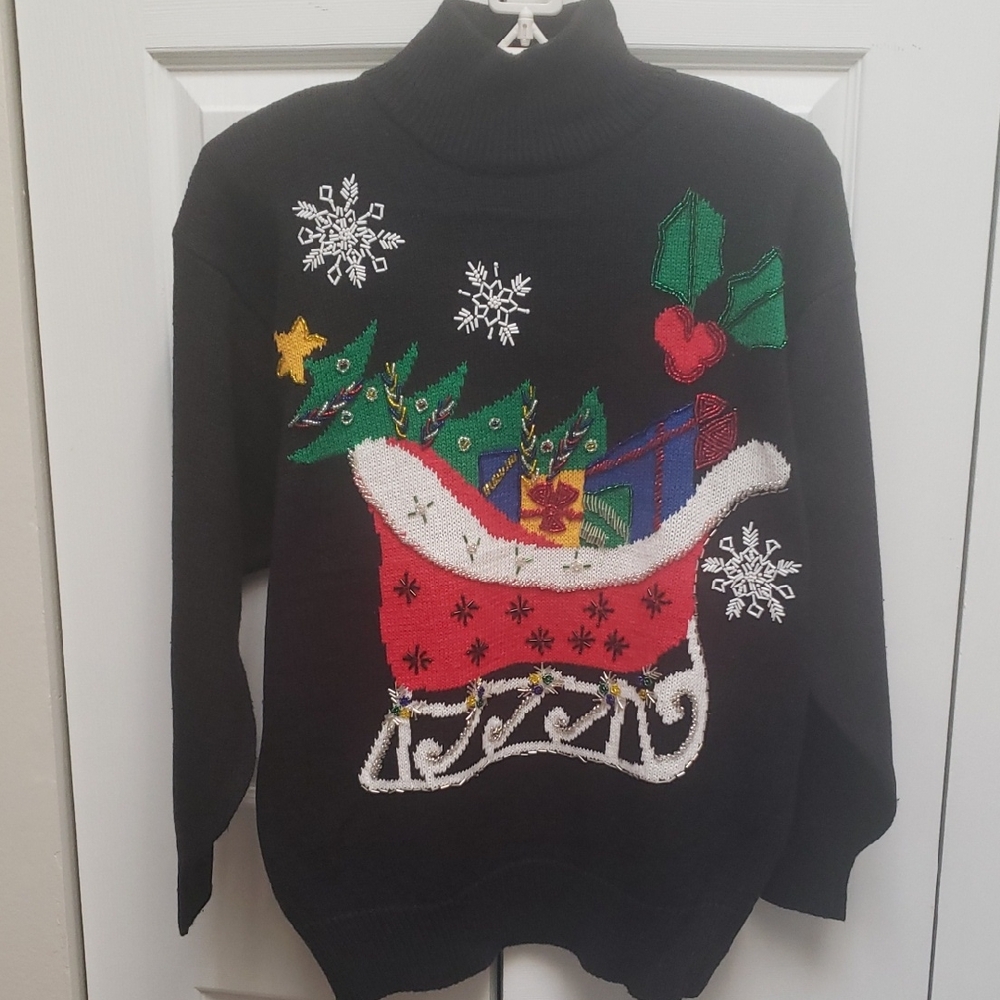 Festive Black Turtleneck Sweater with Holiday Design